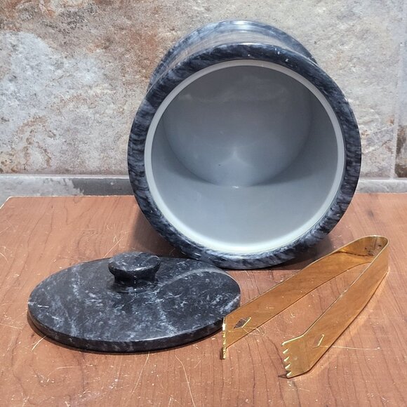 Vintage Dark Grey Heavy Marble Ice Bucket Matching Lid Pair Gold Toned Metal To - Picture 4 of 10